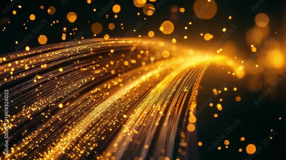 Poster glowing golden particles on dark background with dynamic light trails