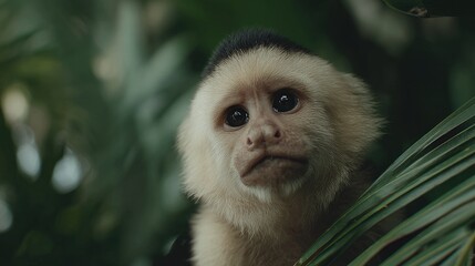 Close-up of a capuchin monkey's face in a jungle setting.