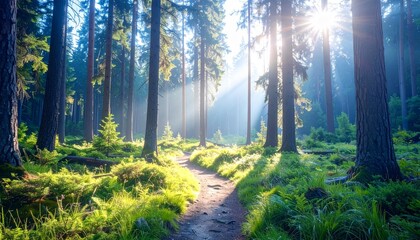 Obraz premium Sunlit Forest Path Green Grass and Sunlight Beams