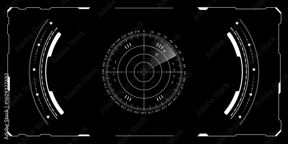 Poster hud radar tech with cyberpunk military screens and futuristic ui displays. ai scanning interfaces fo