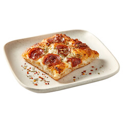 Delicious pepperoni pizza square on a plate with herbs and seasoning