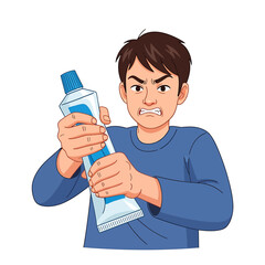 Frustrated man squeezing a large tube