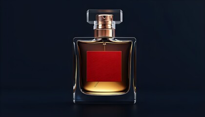 Elegant Luxury Perfume Bottle with Red Label on Dark Navy Background – High-End Glass Design, Modern Fragrance Product, Minimalist Packaging, and Stylish Fashion Accessory Concept