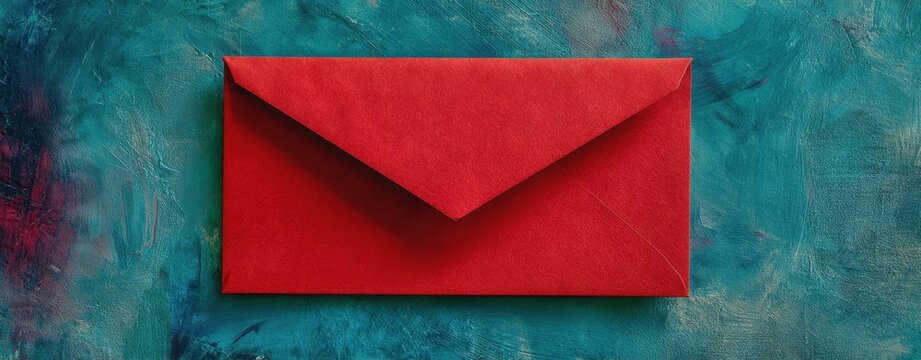 The vibrant red envelope resting on a textured teal surface.