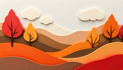 a, autumn, land, landscape, made, of, felt, cotton, new, modern, background, with, copy space, illustration, nature, tree, vector, leaf, fall, sky, design, orange, season, sunset, sun, summer, art, ad