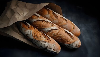 Freshly Baked Artisan Baguettes in Brown Paper Bag on Dark Background – Rustic Crusty Bread Loaves, Gourmet Bakery Food Photography for Culinary and Baking Concepts