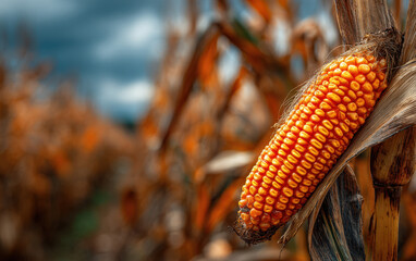 Ripe Orange Corn Cob in a Dried Field
