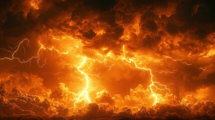 Fiery sky with lightning strikes