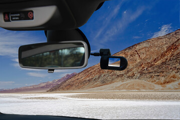Dashcam car camera view of Badwater Basin, Death Valley, USA