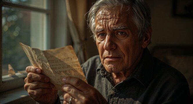 An elderly man with gray hair reading an old letter near a window with a serious expression on his face
