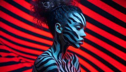 Striking Artistic Portrait of Woman with Zebra-Striped Face and Body Paint Against Vibrant Red and Black Striped Background – Creative Conceptual Fashion and Beauty Photography