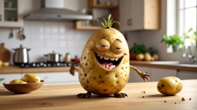 Happy potato character stands on kitchen counter near bowl of potatoes with bright smile