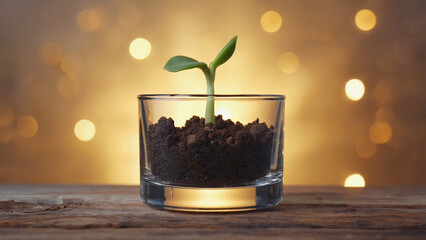 Green Sprout Growing in Glass on Wooden Table with Bokeh Lights