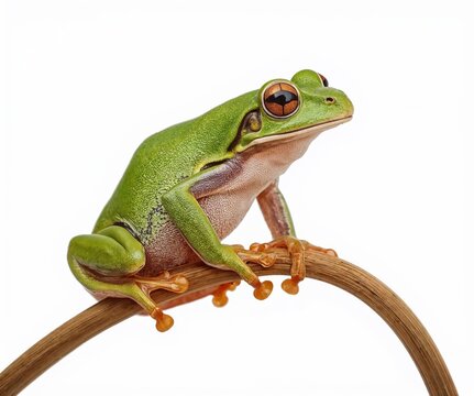 Green tree frog on branch isolated on transparent background, vibrant amphibian photo