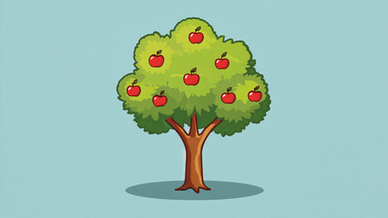 Cartoon Apple Tree with Ripe Red Apples on Blue Background