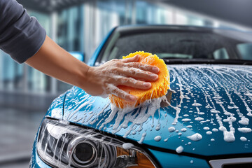 The man washing his car with sponge.