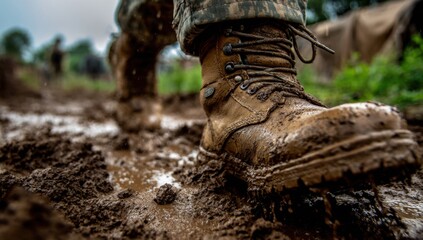 A heavily soiled boot strides through thick, clinging mud, suggesting resilience and challenging outdoor conditions on a rugged terrain.