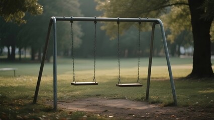 Empty swings in a serene park setting with autumn leaves and soft sunlight filtering through trees.