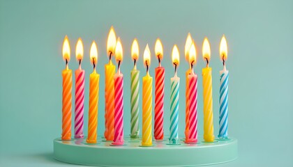 Colorful Striped Birthday Candles with Flames Arranged, Cheerful Celebration Decorated for Party and Special Occasions