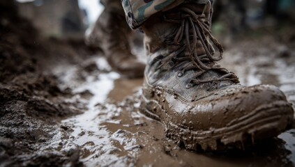Walking through thick mud in sturdy boots, a person navigates a challenging and messy terrain, showcasing resilience and determination.