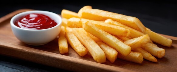 The delicious golden fries with ketchup on a wooden platter