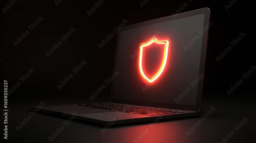 Poster glowing red shield on laptop screen indicating a fake security update notification in a dark setting