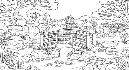 Japanese garden scene with bridge, coloring book page