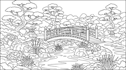 Fototapeta premium Japanese garden scene with bridge, coloring book page