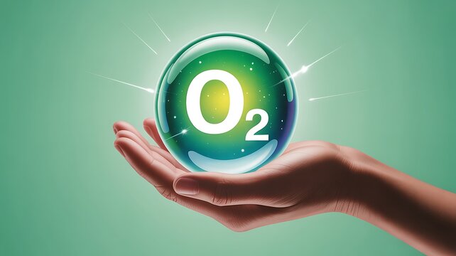 Hand holding glowing green oxygen sphere with light rays image