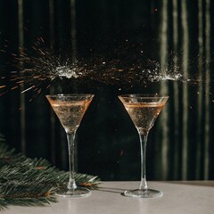 champagne glasses on christmas background