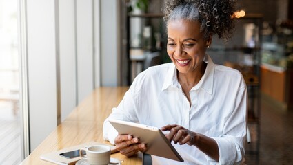 Beautiful mature woman using tablet at cafe for online shopping and social media use