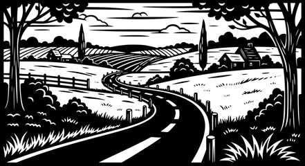 Winding country road, pastoral landscape, woodcut style, rural scene, design element, EPS Vector