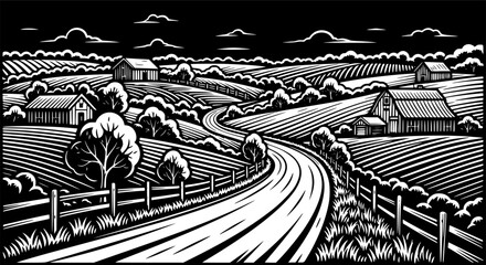 Winding country road, pastoral landscape, woodcut style, rural scene, design element, EPS Vector