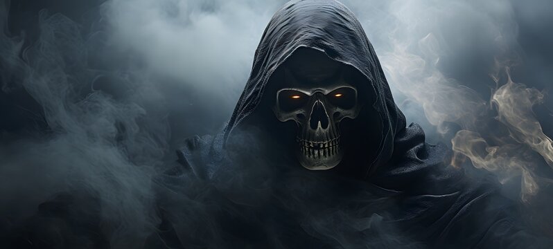 a light grim reaper , coming out of the smoke, Generative ai