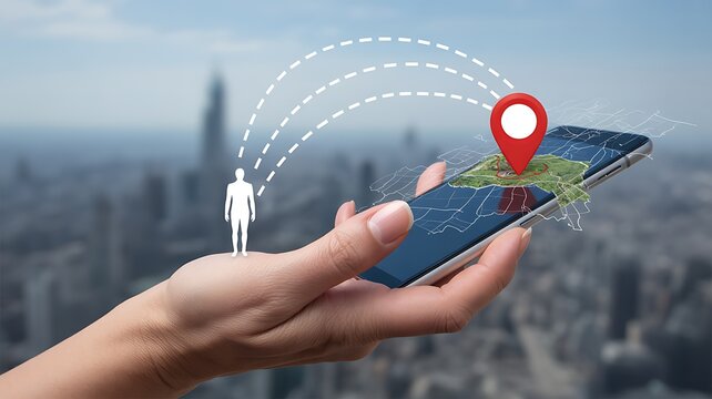 Hand holding smartphone displaying location data and person icon image - Powered by Adobe
