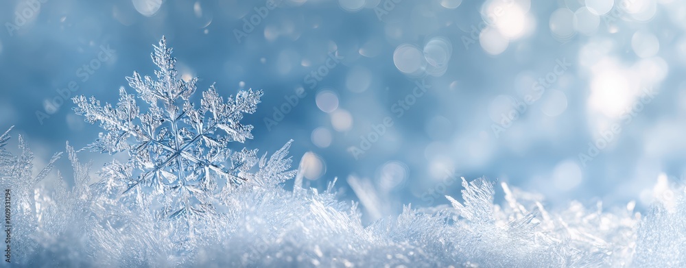 Poster the delicate snowflake resting on a bed of shimmering frost.