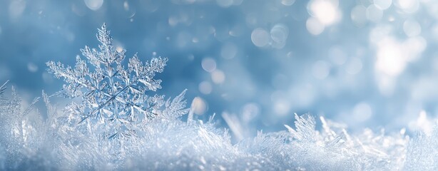 The delicate snowflake resting on a bed of shimmering frost.