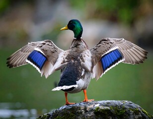 Obraz premium Mallard duck with outstretched wings on rock