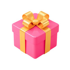 Obraz premium A pink gift box with a golden ribbon and bow, presented against a plain white background.