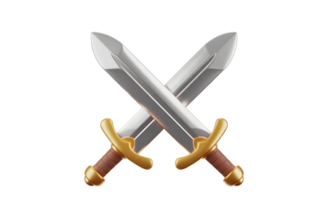 Two Crossed Swords 3D Render with Silver Blades and Gold Handles Medieval Weaponry on transparent background