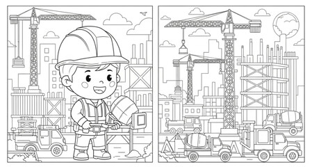 Obraz premium Child construction worker, city building site, coloring page ,EPS Vector.
