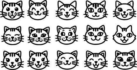 Twelve cute cat face line art icons.EPS Vector.
