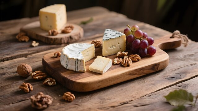 Assorted cheeses with grapes and walnuts on a rustic wooden board
