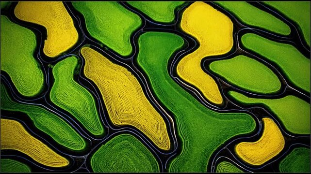 Aerial View of Vibrant Agricultural Fields with Green and Yellow Patterns Under Bright Sky