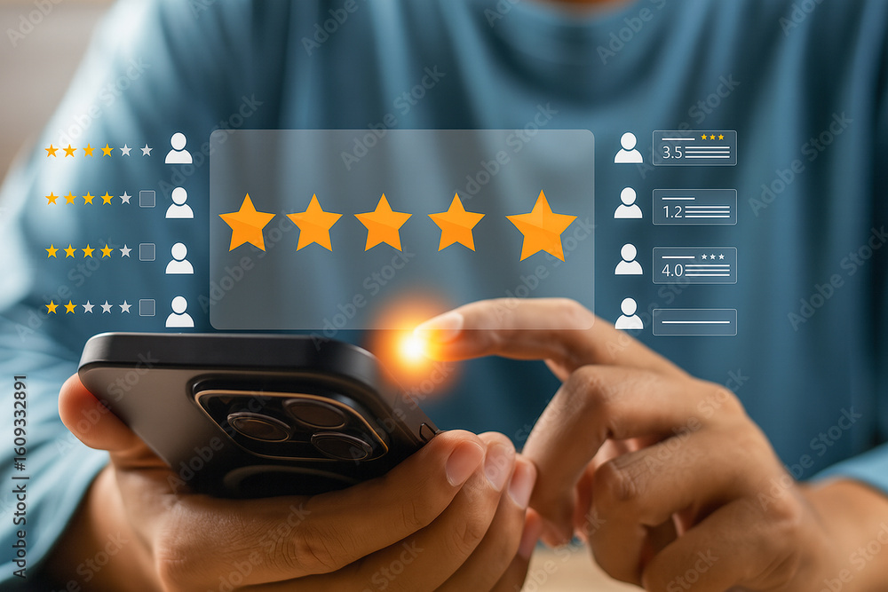 Poster customer review scoring, finger tapping smartphone interface with five star rating system, boosting 