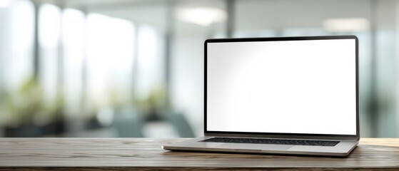 Fototapeta premium The modern laptop on a wooden desk in a bright office setting.