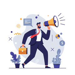 Businessman with megaphone briefcase making announcement.