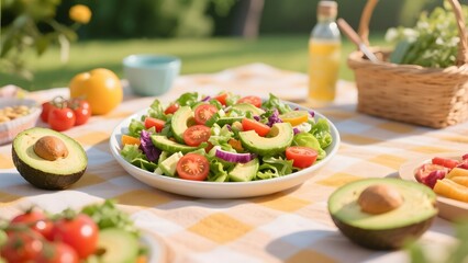 Fresh salad with avocado, tomatoes, and lettuce served on a picnic blanket outdoors