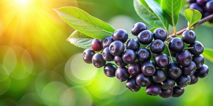 Deep purple chokeberry berries sit atop a blurred green background, their juicy flesh glistening in the light , botanical