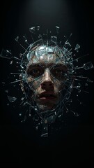 A dramatic portrait of a man's face covered in shattered glass against a dark and moody background